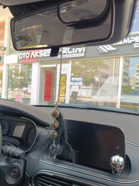 Disko Toplu Metal Yıldız Dikiz Ayna Süsü Siyah Tüylü - 4