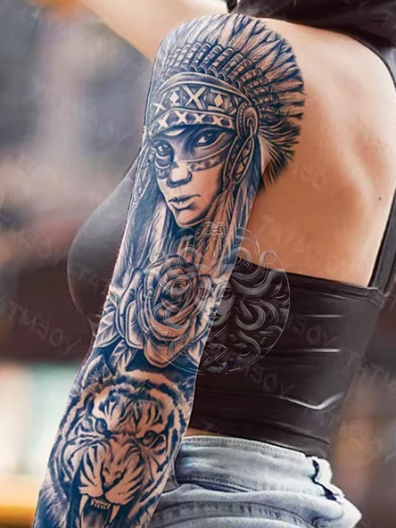 GZQB-062 YARI KALICI KIZILDERİLİ KADIN VE KAPLAN DESEN KOL DÖVMESİ-TATTO