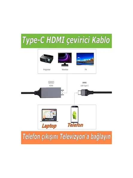 HDMI Apple Android Type-C Giriş Uyumlu 4K 60Hz HDTV Görüntü Aktarım Kablosu Projektör Dönüştürücü - 7
