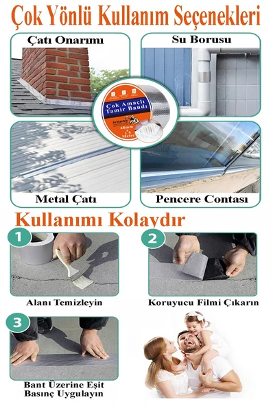 Çok Amaçlı Tamir Bandı 3 Adet Su Geçirmez Sızdırmaz Isıya Dayanıklı Sakız İzole Gri Tamir Bant 48mm 1.5 Metre - 4