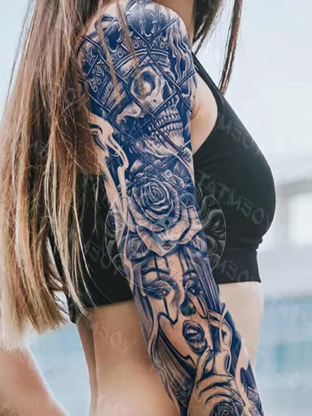 GZQB-056 YARI KALICI KURUKAFA KRAL VE KADIN DESEN KOL DÖVMESİ-TATTO