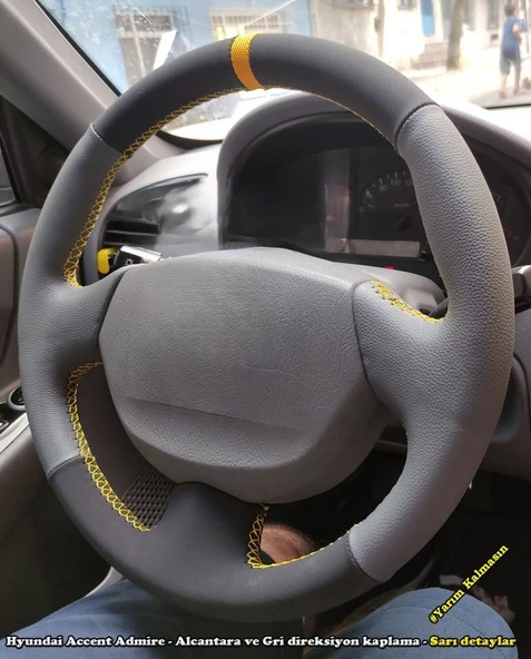 Hyundai Accent Admira Araca Özel Direksiyon Kılıfı Gri Nubuk SARI YÜZÜK