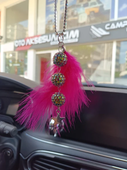 Disko Toplu Metal Yıldız Dikiz Ayna Süsü Fuşya Pembe Tüylü - 2