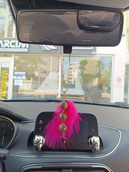 Disko Toplu Metal Yıldız Dikiz Ayna Süsü Fuşya Pembe Tüylü