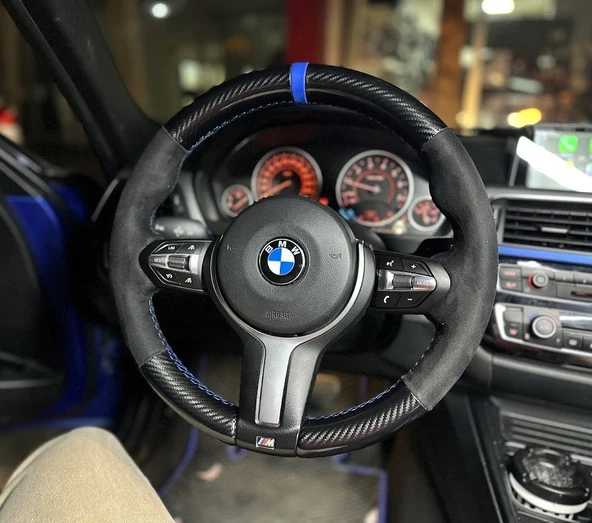 BMW F30 M SPORT KASA ARACA ÖZGÜ DİKMELİ DİREKSİYON KILIFI 5D KRİSTAL KARBON ALCANTRA MAVİ YÜZÜK - 2