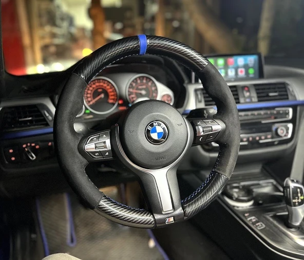 BMW F30 M SPORT KASA ARACA ÖZGÜ DİKMELİ DİREKSİYON KILIFI 5D KRİSTAL KARBON ALCANTRA MAVİ YÜZÜK - Resim 3