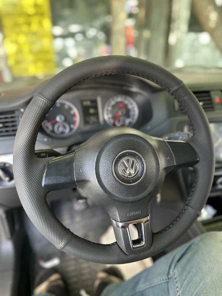 Volkswagen Polo Araca Özel Direksiyon Kılıfı düz Nokta SİYAH İP - Resim 3