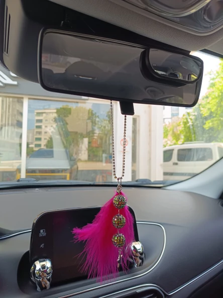 Disko Toplu Metal Yıldız Dikiz Ayna Süsü Fuşya Pembe Tüylü - 3