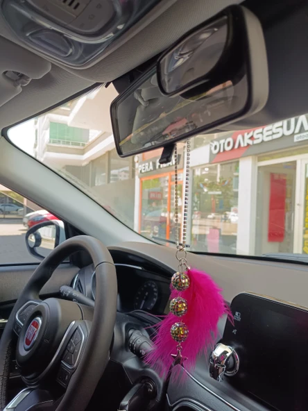 Disko Toplu Metal Yıldız Dikiz Ayna Süsü Fuşya Pembe Tüylü - 4