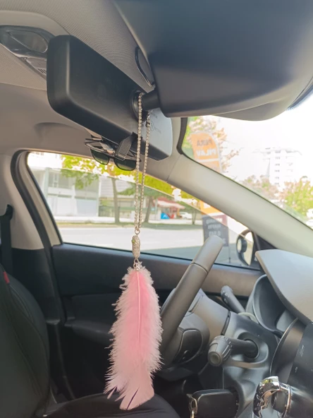 Pandalı Model Metal Yıldız Dikiz Ayna Süsü Şeker Pembe Tüylü - 5