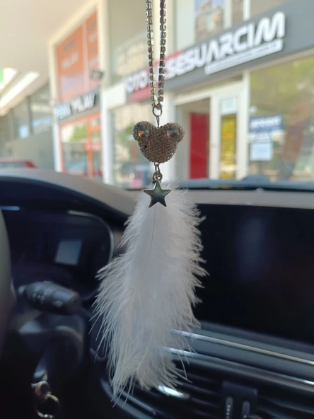 Pandalı Model Metal Yıldız Dikiz Ayna Süsü Beyaz Tüylü - 2