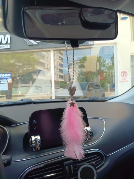 Pandalı Model Metal Yıldız Dikiz Ayna Süsü Şeker Pembe Tüylü - 4