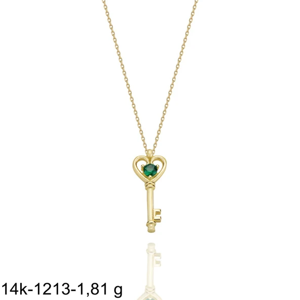 Anahtar Mivik Zümrüt Taşlı  Çok Şık 14 Ayar Altın Kolye - Resim 2