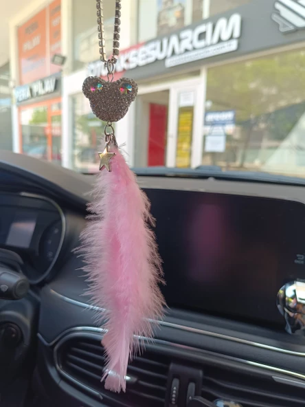 Pandalı Model Metal Yıldız Dikiz Ayna Süsü Şeker Pembe Tüylü - 2