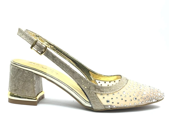 Feles Arkası Açık Şeffaf Taş Detaylı Sindirella Kadın Kısa Topuklu Ayakkabı - Resim 2