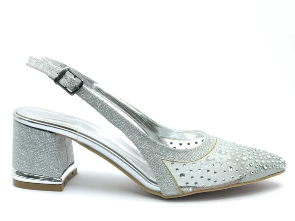 Feles Arkası Açık Şeffaf Taş Detaylı Sindirella Kadın Kısa Topuklu Ayakkabı - Resim 6