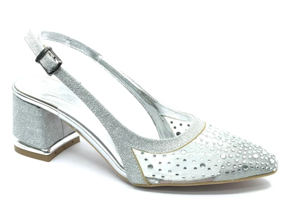 Feles Arkası Açık Şeffaf Taş Detaylı Sindirella Kadın Kısa Topuklu Ayakkabı - Resim 7