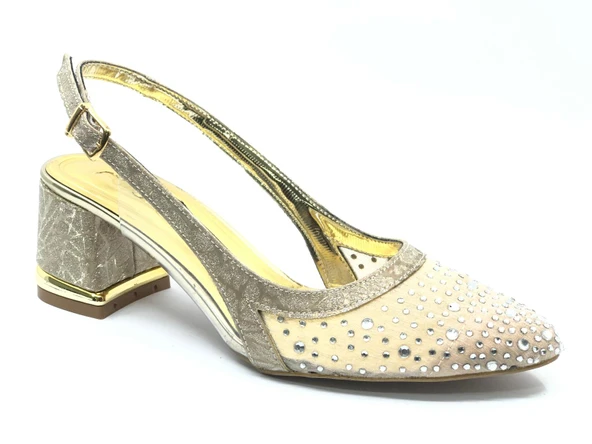 Feles Arkası Açık Şeffaf Taş Detaylı Sindirella Kadın Kısa Topuklu Ayakkabı - Resim 4