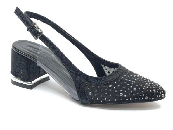 Feles Arkası Açık Şeffaf Taş Detaylı Sindirella Kadın Kısa Topuklu Ayakkabı - Resim 10