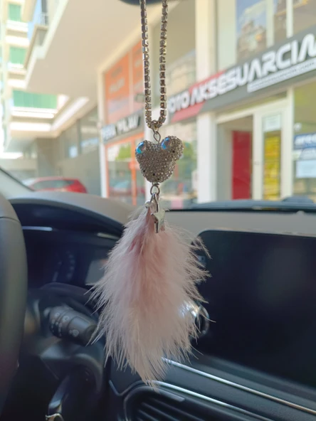 Pandalı Model Metal Yıldız Dikiz Ayna Süsü Pudra Pembe Tüylü - 2