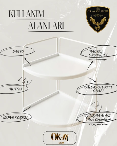 Dekoratif 2 Katlı Raf  Çok Amaçlı Organizer Paslanmaz Çelik & Ahşap Stand Salon, Mutfak, Banyo, Çalışma Alanı İçin - 3
