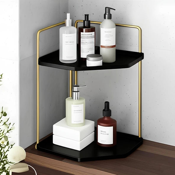 Dekoratif 2 Katlı Raf  Çok Amaçlı Organizer Paslanmaz Çelik & Ahşap Stand Salon, Mutfak, Banyo, Çalışma Alanı İçin