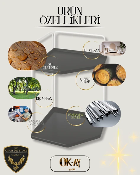 Dekoratif 2 Katlı Raf  Çok Amaçlı Organizer Paslanmaz Çelik & Ahşap Stand Salon, Mutfak, Banyo, Çalışma Alanı İçin - 5
