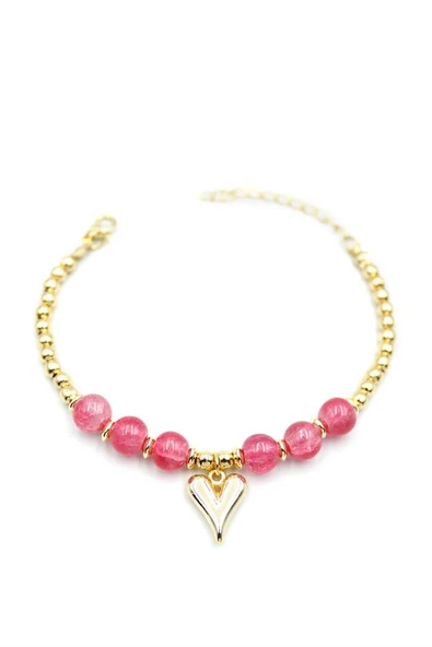 Boncuklu Kalp Bileklik - Pembe - 2