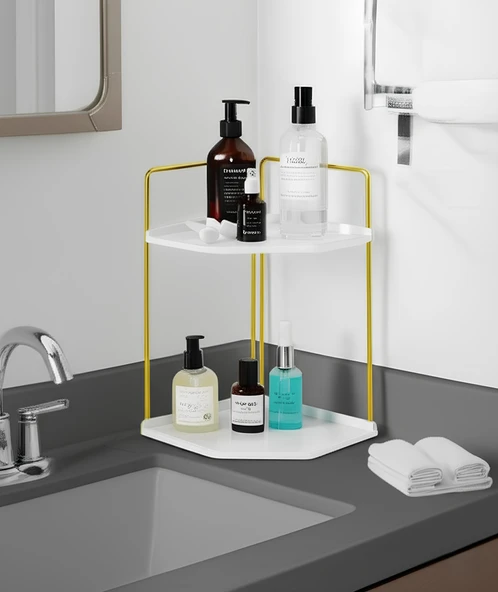 Dekoratif 2 Katlı Raf  Çok Amaçlı Organizer Paslanmaz Çelik & Ahşap Stand Salon, Mutfak, Banyo, Çalışma Alanı İçin