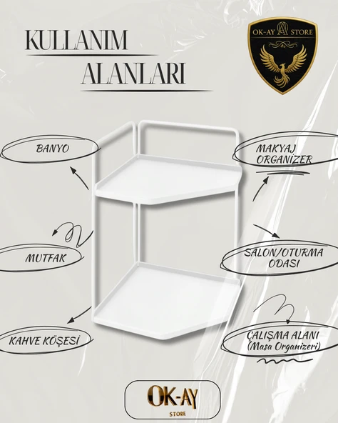 Dekoratif 2 Katlı Raf  Çok Amaçlı Organizer Paslanmaz Çelik & Ahşap Stand Salon, Mutfak, Banyo, Çalışma Alanı İçin - 3
