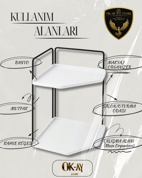 Dekoratif 2 Katlı Raf  Çok Amaçlı Organizer Paslanmaz Çelik & Ahşap Stand Salon, Mutfak, Banyo, Çalışma Alanı İçin - 3