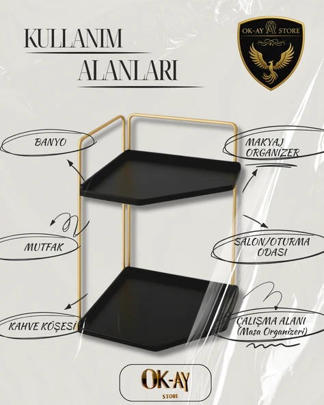 Dekoratif 2 Katlı Raf  Çok Amaçlı Organizer Paslanmaz Çelik & Ahşap Stand Salon, Mutfak, Banyo, Çalışma Alanı İçin - 3