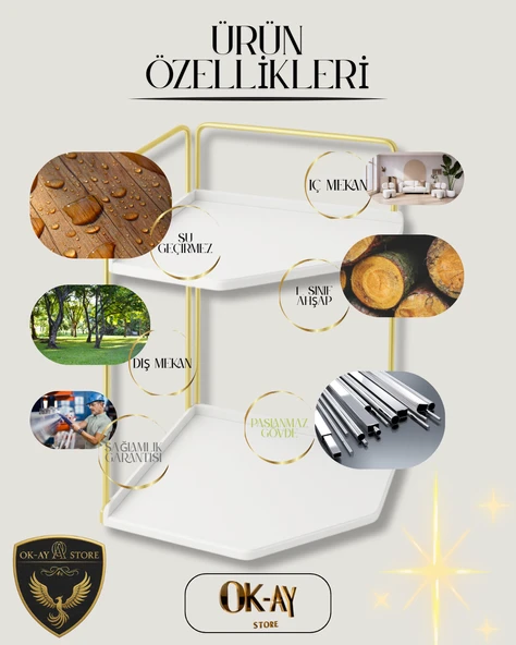 Dekoratif 2 Katlı Raf  Çok Amaçlı Organizer Paslanmaz Çelik & Ahşap Stand Salon, Mutfak, Banyo, Çalışma Alanı İçin - 5