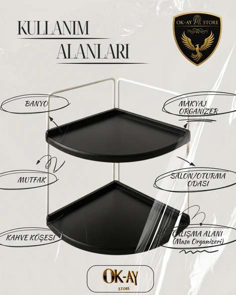 Dekoratif 2 Katlı Raf  Çok Amaçlı Organizer Paslanmaz Çelik & Ahşap Stand Salon, Mutfak, Banyo, Çalışma Alanı İçin - 3
