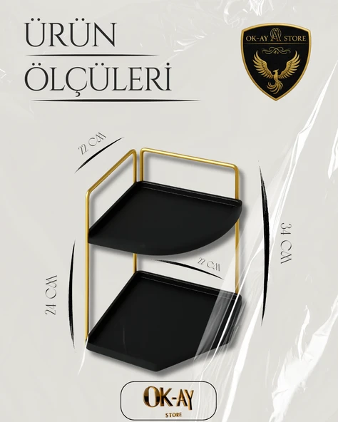 Dekoratif 2 Katlı Raf  Çok Amaçlı Organizer Paslanmaz Çelik & Ahşap Stand Salon, Mutfak, Banyo, Çalışma Alanı İçin - 2