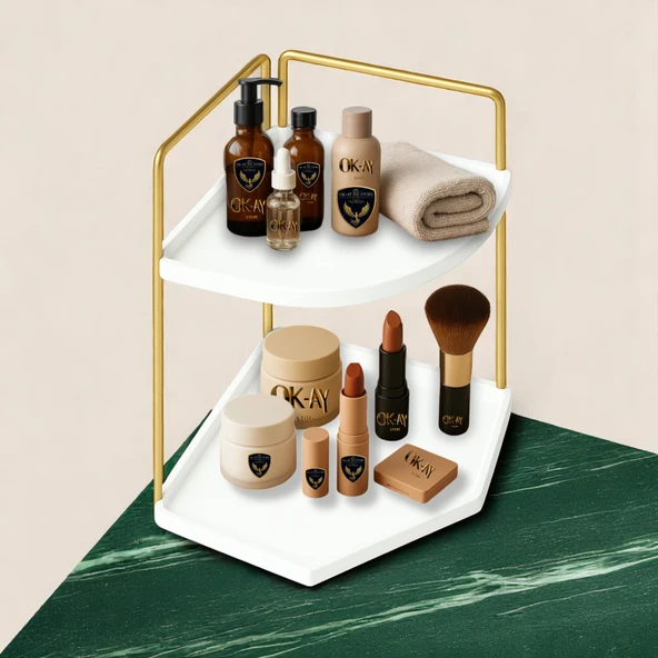 Dekoratif 2 Katlı Raf  Çok Amaçlı Organizer Paslanmaz Çelik & Ahşap Stand Salon, Mutfak, Banyo, Çalışma Alanı İçin