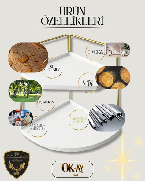 Dekoratif 2 Katlı Raf  Çok Amaçlı Organizer Paslanmaz Çelik & Ahşap Stand Salon, Mutfak, Banyo, Çalışma Alanı İçin - 5