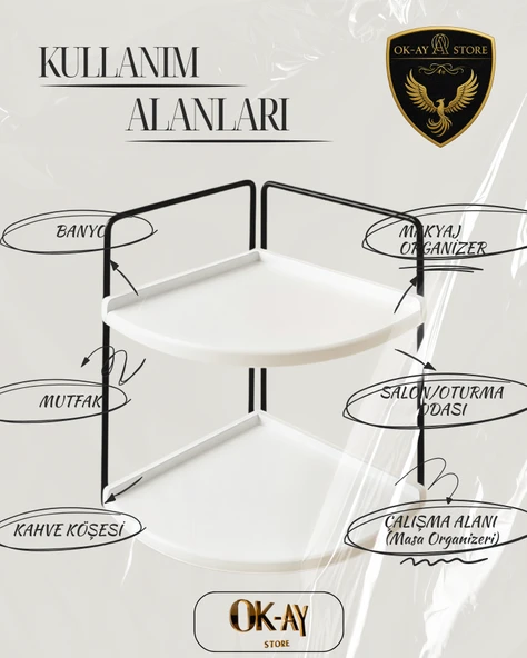 Dekoratif 2 Katlı Raf  Çok Amaçlı Organizer Paslanmaz Çelik & Ahşap Stand Salon, Mutfak, Banyo, Çalışma Alanı İçin - 3