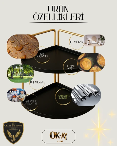 Dekoratif 2 Katlı Raf  Çok Amaçlı Organizer Paslanmaz Çelik & Ahşap Stand Salon, Mutfak, Banyo, Çalışma Alanı İçin - 5