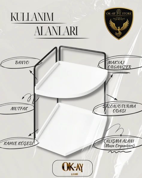 Dekoratif 2 Katlı Raf  Çok Amaçlı Organizer Paslanmaz Çelik & Ahşap Stand Salon, Mutfak, Banyo, Çalışma Alanı İçin - 3