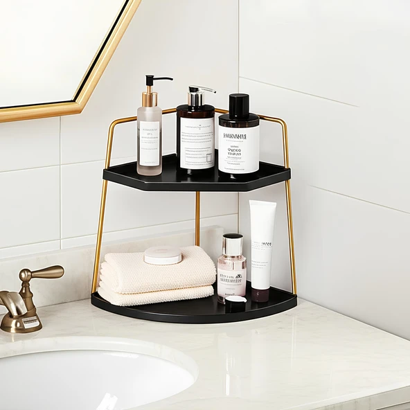 Dekoratif 2 Katlı Raf  Çok Amaçlı Organizer Paslanmaz Çelik & Ahşap Stand Salon, Mutfak, Banyo, Çalışma Alanı İçin ürün görseli 1