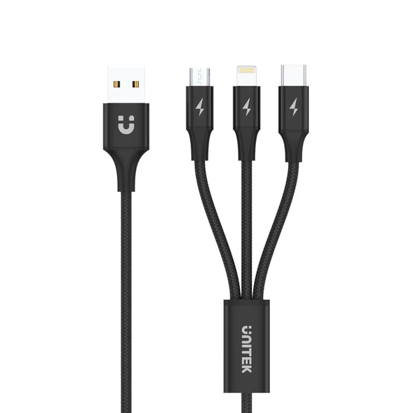 UNITEK USB-A 3in1 HIZLI SARJ KABLOSU 1.2MT 2.4A MICRO USB, TYPE-C, LIGHTNING C14049BK - 3