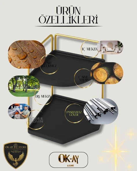 Dekoratif 2 Katlı Raf  Çok Amaçlı Organizer Paslanmaz Çelik & Ahşap Stand Salon, Mutfak, Banyo, Çalışma Alanı İçin - 4