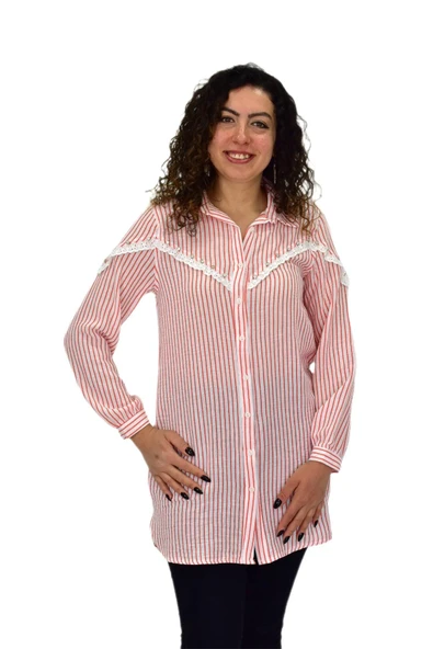 Kadın Çizğili Keten Gömlek BGL-ST03706 - 3