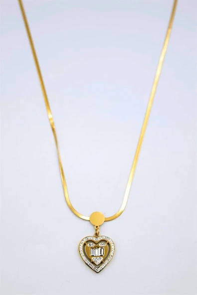Baget Taşlı  Kalp Kolye - Altın - Resim 2