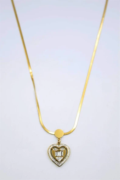 Baget Taşlı  Kalp Kolye - Altın ürün görseli 1