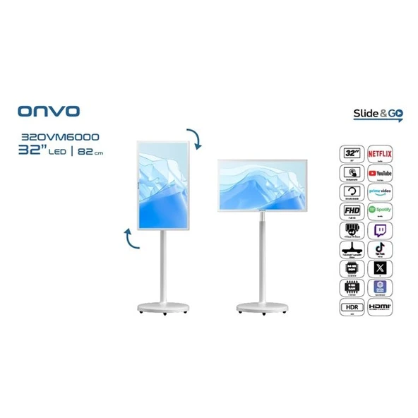 ONVO 32" Dokunmatik 32OVM6000 Ev Ofis Tipi Hareketli 6GB RAM -64GB ROM- Videowall Cihazı Bataryalı Beyaz