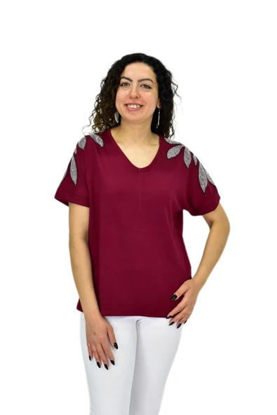 Kadın Yarım Kol V Yaka Taşlı Likralı Tişöt  BGL-ST04654 - Resim 2