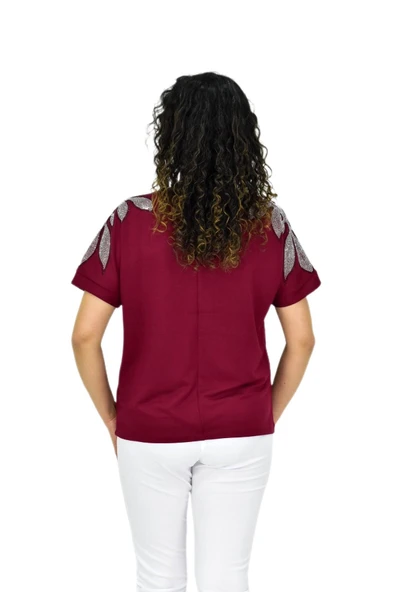 Kadın Yarım Kol V Yaka Taşlı Likralı Tişöt  BGL-ST04654 - Resim 5