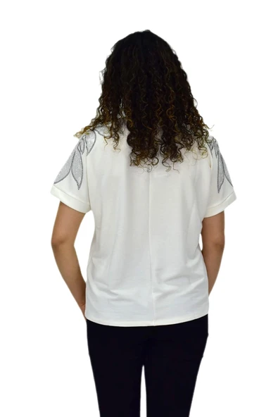 Kadın Yarım Kol V Yaka Taşlı Likralı Tişöt  BGL-ST04654 - Resim 9